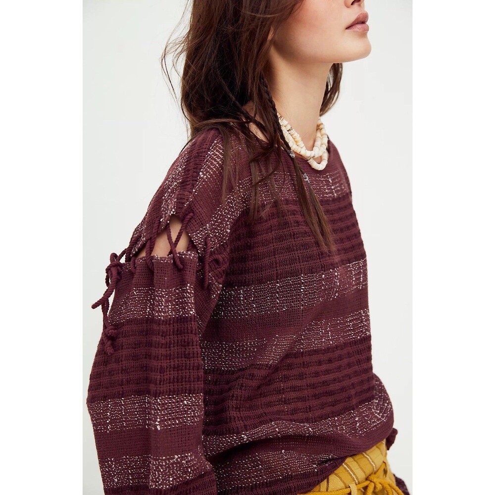 Free People Open Knit Rope Tie Sweater XS Oversized Edgy Fairy Grunge Boho 70s